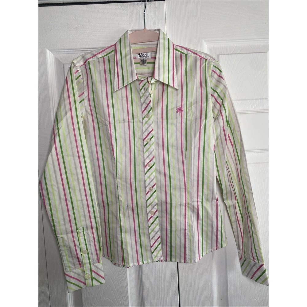 Lilly Pulitzer Striped Button Down Shirt Womens Size 2 Pink Green Cotton Stretch